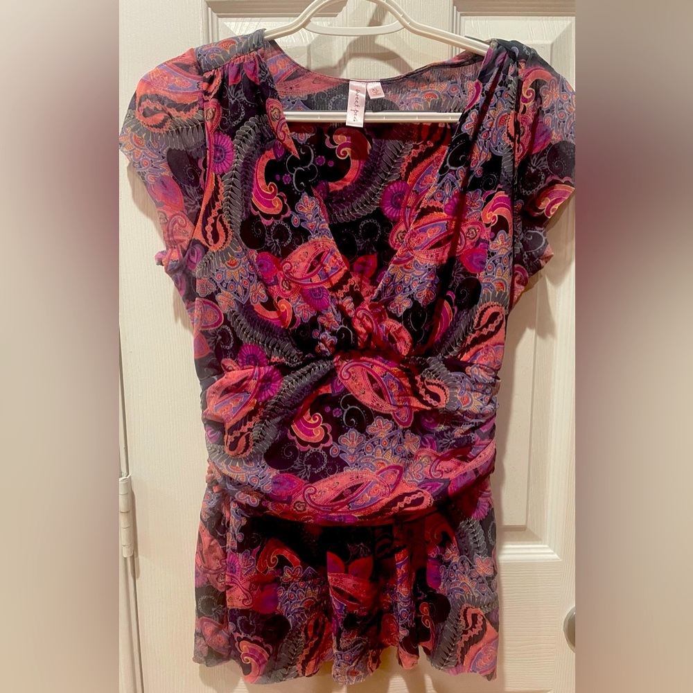 Sweet Peas Floral Paisley Mesh Ruched Faux Wrap Peplum Blouse Top XL